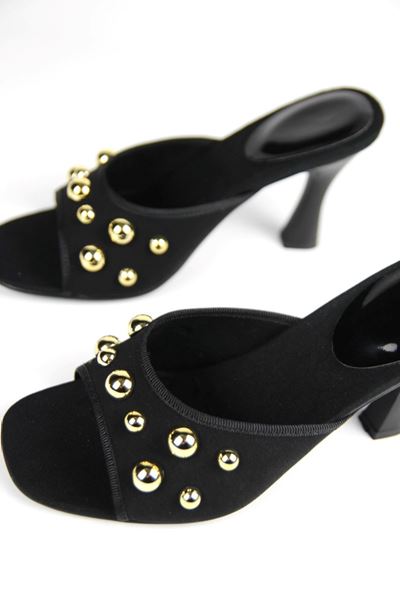 Havanna Kadın Altın Taş Detaylı Siyah Süet Orta Topuklu (8 cm) Topuklu Terlik