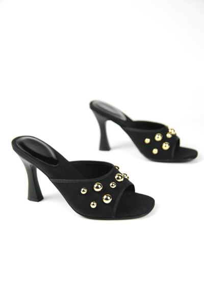 Havanna Kadın Altın Taş Detaylı Siyah Süet Orta Topuklu (8 cm) Topuklu Terlik