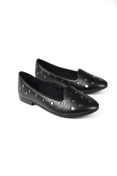 Sierra Kadın Gümüş Taş Detaylı Siyah Cilt Babet Ayakkabı