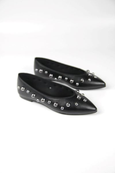 Kaori Kadın Gümüş Taş Detaylı Sivri Burunlu Siyah Cilt Babet Ayakkabı