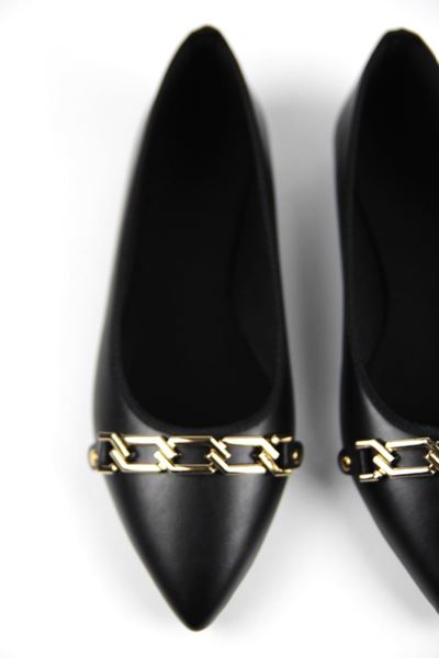 Nashor Kadın Sivri Burunlu Halka Toka Siyah Cilt Babet Ayakkabı 