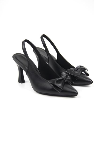 Texas Kadın Siyah Cilt Fiyonklu Orta Topuklu (8 cm) Topuklu Ayakkabı