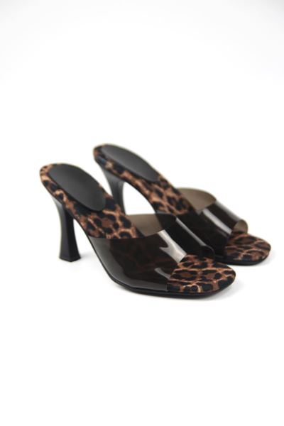 Tina Kadın Leopar Desen Tabanlı Siyah Şeffaf Şeritli Orta Topuklu (8 CM) Topuklu Terlik