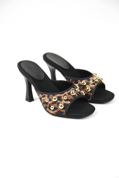 Havanna Kadın Altın Taş Detaylı Leopar Desenli Orta Topuklu (8 cm) Topuklu Terlik