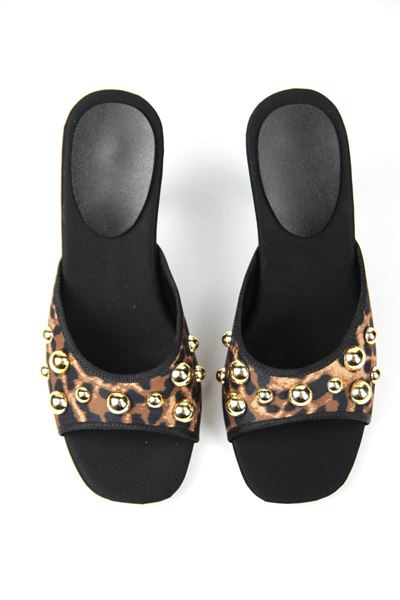 Havanna Kadın Altın Taş Detaylı Leopar Desenli Orta Topuklu (8 cm) Topuklu Terlik