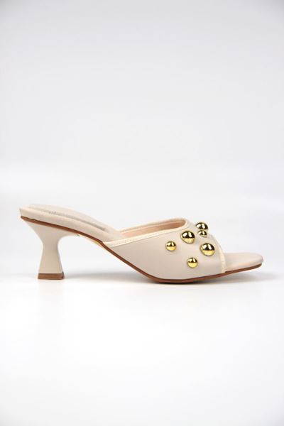 Rowena Kadın Altın Taş Detaylı Bej Cilt Kısa Topuklu (4 CM) Topuklu Terlik