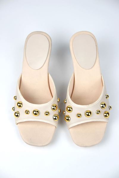 Rowena Kadın Altın Taş Detaylı Bej Cilt Kısa Topuklu (4 CM) Topuklu Terlik