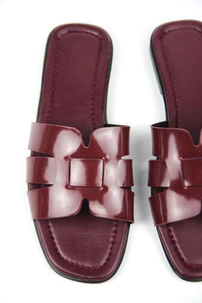 Keithaa Kadın 3 Şeritli Harmes Bordo Cilt Terlik