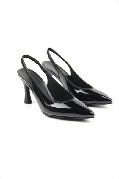 Texass Parlak Siyah Cilt Orta Topuklu (8 cm) Topuklu Ayakkabı