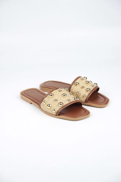 May Kadın Hasır Yuvarlak Toka Detaylı Taba Cilt Terlik