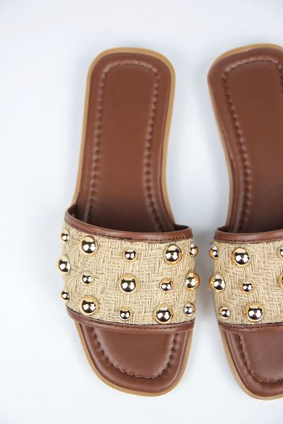 May Kadın Hasır Yuvarlak Toka Detaylı Taba Cilt Terlik