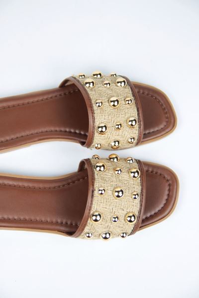 May Kadın Hasır Yuvarlak Toka Detaylı Taba Cilt Terlik