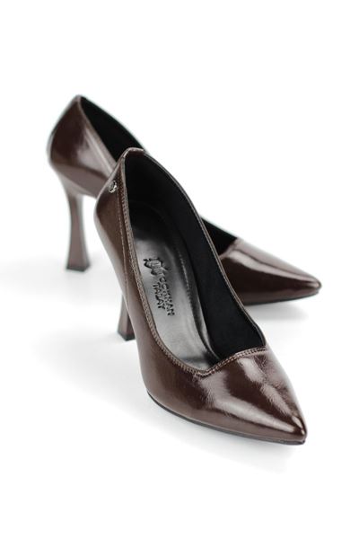 Odette Esnek Yumuşak Kaymaz Taban (10 cm) Kahverengi Rugan Kadın Topuklu Ayakkabı