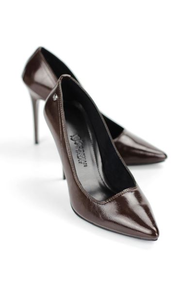 Arabella Esnek Yumuşak Kaymaz Taban (11 cm) Kahverengi Rugan Kadın Topuklu Ayakkabı