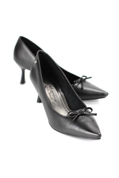 Ellyn Esnek Yumuşak Kaymaz Taban (4 cm) Siyah Cilt  İnce Bıyık Fiyonk Kadın Topuklu Ayakkabı