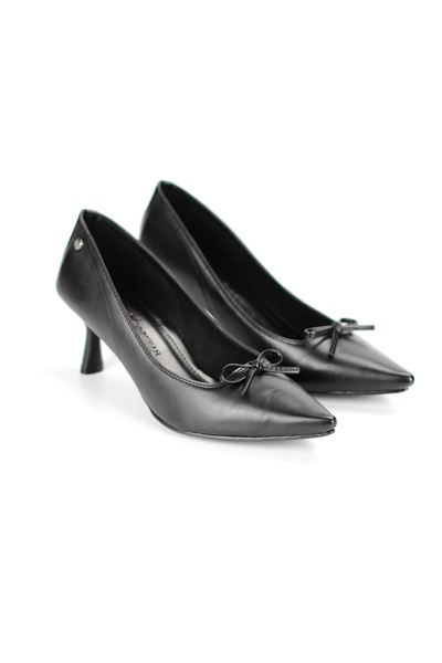 Ellyn Esnek Yumuşak Kaymaz Taban (4 cm) Siyah Cilt  İnce Bıyık Fiyonk Kadın Topuklu Ayakkabı