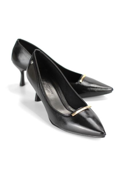 Sasha Esnek Yumuşak Kaymaz Taban (4 cm) Siyah Rugan İnce Çubuk Toka Kadın Topuklu Ayakkabı