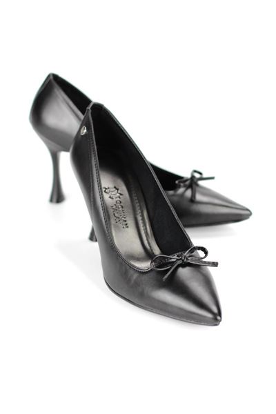 Mila Esnek Yumuşak Kaymaz Taban (8 cm) Siyah Cilt İnce Bıyık Fiyonk Kadın Topuklu Ayakkabı