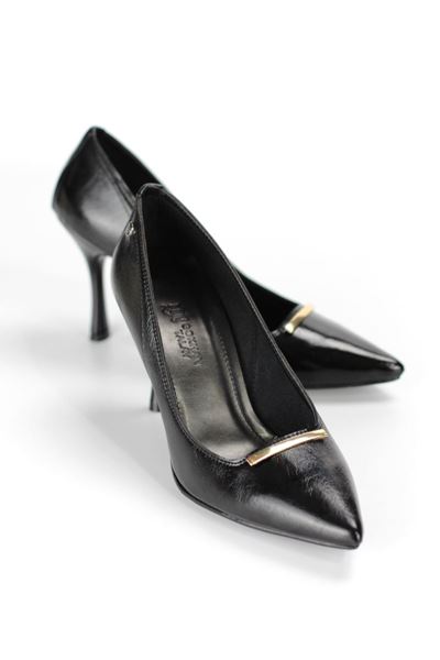 Arina Esnek Yumuşak Kaymaz Taban (8 cm) Siyah Rugan İnce Çubuk Toka Kadın Topuklu Ayakkabı