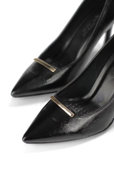 Arina Esnek Yumuşak Kaymaz Taban (8 cm) Siyah Rugan İnce Çubuk Toka Kadın Topuklu Ayakkabı