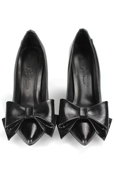 Ludmila Esnek Yumuşak Kaymaz Taban (10 cm) Siyah Rugan Kadın Kalın FiyonkluTopuklu Ayakkabı