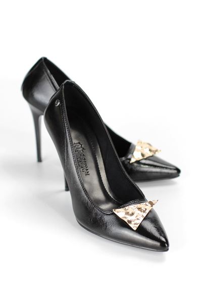 Darya Esnek Yumuşak Kaymaz Taban (11 cm) Siyah Rugan Üçgen Toka Kadın Topuklu Ayakkabı