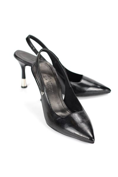 Biana  Esnek Yumuşak Kaymaz Taban (8 cm) Siyah Rugan Açık Lastikli Kadın Topuklu Ayakkabı