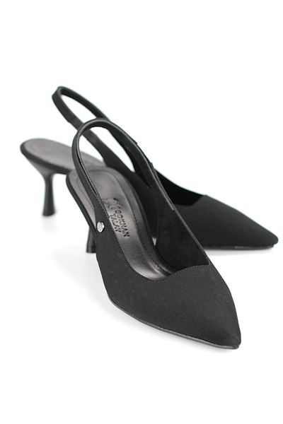 Magnolia Esnek Yumuşak Kaymaz Taban (4 cm) Siyah Süet Açık Lastikli Kadın Topuklu Ayakkabı