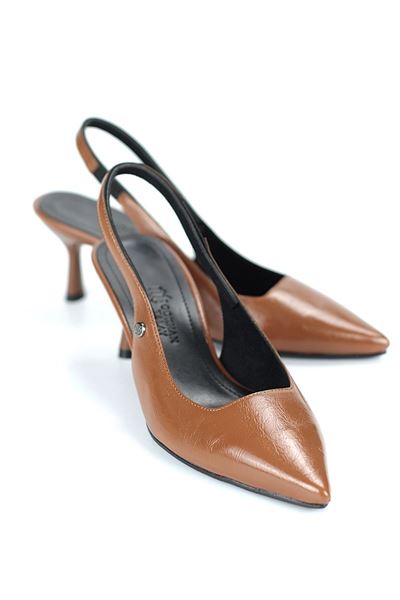 Magnolia Esnek Yumuşak Kaymaz Taban (4 cm) Taba Rugan  Açık Lastikli Kadın Topuklu Ayakkabı