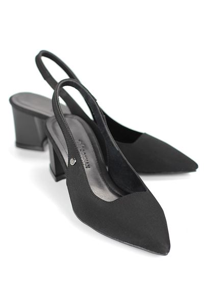 İlya Esnek Yumuşak Kaymaz Taban (4 cm) Siyah Süet  Açık Lastikli Kadın Kalın Topuklu Ayakkabı