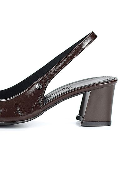 İlya Esnek Yumuşak Kaymaz Taban (4 cm) Kahverengi Rugan  Açık Lastikli Kadın Kalın Topuklu Ayakkabı