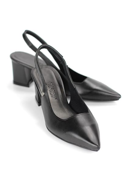 İlya Esnek Yumuşak Kaymaz Taban (4 cm) Siyah Cilt  Açık Lastikli Kadın Kalın Topuklu Ayakkabı