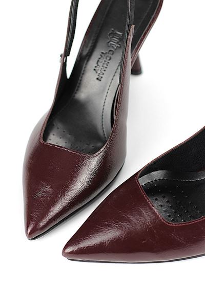 Margaret  Esnek Yumuşak Kaymaz Taban (10 cm) Bordo Rugan  Açık Lastikli Kadın Kalın Topuklu Ayakkabı