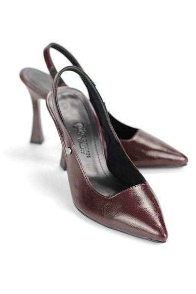 Margaret  Esnek Yumuşak Kaymaz Taban (10 cm) Bordo Rugan  Açık Lastikli Kadın Kalın Topuklu Ayakkabı