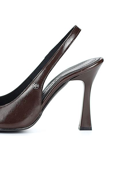 Margaret  Esnek Yumuşak Kaymaz Taban (10 cm) Kahverengi Rugan  Açık Lastikli Kadın Kalın Topuklu Ayakkabı