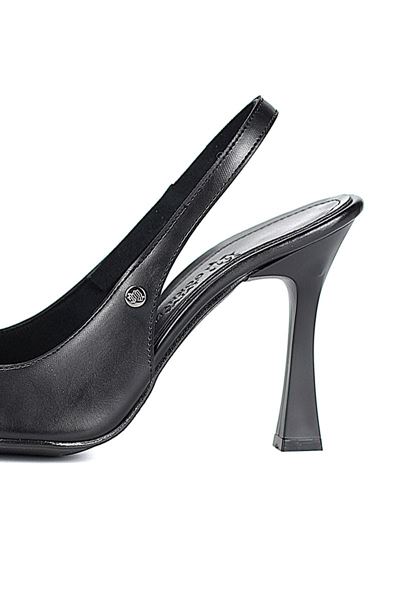 Margaret  Esnek Yumuşak Kaymaz Taban (10 cm) Siyah Cilt  Açık Lastikli Kadın Kalın Topuklu Ayakkabı