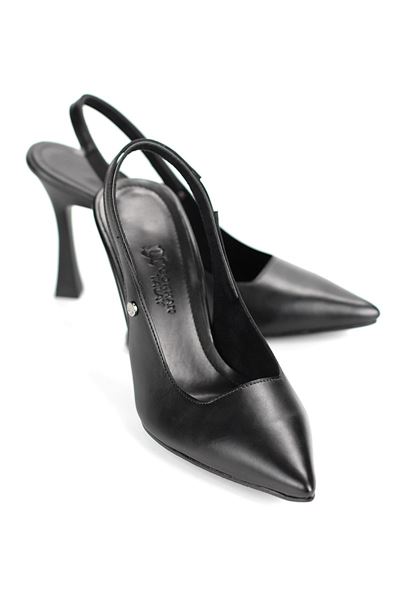 Margaret  Esnek Yumuşak Kaymaz Taban (10 cm) Siyah Cilt  Açık Lastikli Kadın Kalın Topuklu Ayakkabı