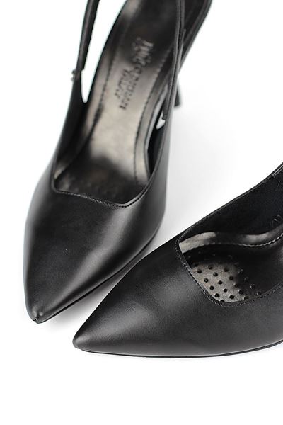 Margaret  Esnek Yumuşak Kaymaz Taban (10 cm) Siyah Cilt  Açık Lastikli Kadın Kalın Topuklu Ayakkabı