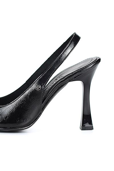 Margaret  Esnek Yumuşak Kaymaz Taban (10 cm) Siyah Rugan  Açık Lastikli Kadın Kalın Topuklu Ayakkabı