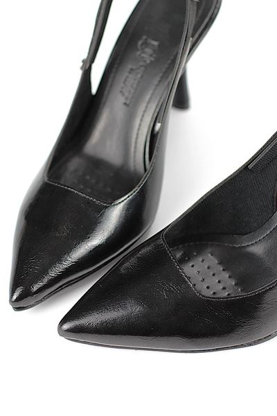 Margaret  Esnek Yumuşak Kaymaz Taban (10 cm) Siyah Rugan  Açık Lastikli Kadın Kalın Topuklu Ayakkabı