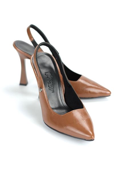 Margaret  Esnek Yumuşak Kaymaz Taban (10 cm) Taba Rugan  Açık Lastikli Kadın Kalın Topuklu Ayakkabı