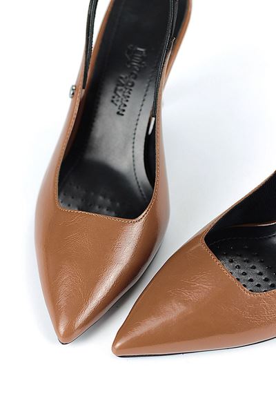 Margaret  Esnek Yumuşak Kaymaz Taban (10 cm) Taba Rugan  Açık Lastikli Kadın Kalın Topuklu Ayakkabı