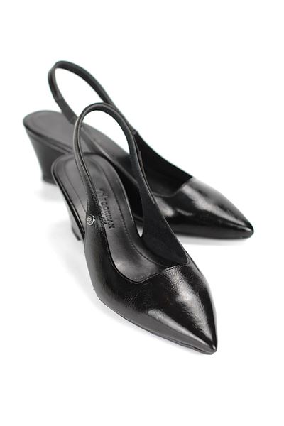 Belinda  Esnek Yumuşak Kaymaz Taban (4cm) Siyah Rugan Rugan  Açık Lastikli Kadın Dolgu Topuklu Ayakkabı