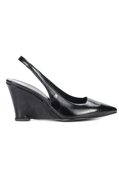 Agape  Esnek Yumuşak Kaymaz Taban (8cm)  Siyah Rugan  Açık Lastikli Kadın Dolgu Topuklu Ayakkabı