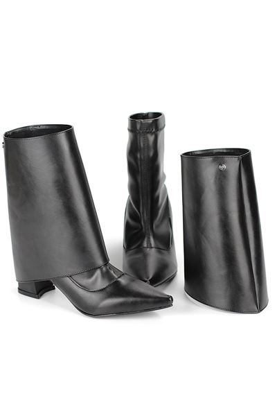 Orelix Siyah Esnek Yumuşak Kaymaz Taban Kalın Orta Topuklu( 6 cm) Streç Bot