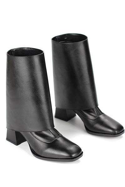 Lunelle Siyah Cilt Esnek Yumuşak Kaymaz Taban Köşeli Topuk (6cm) Streç Bot