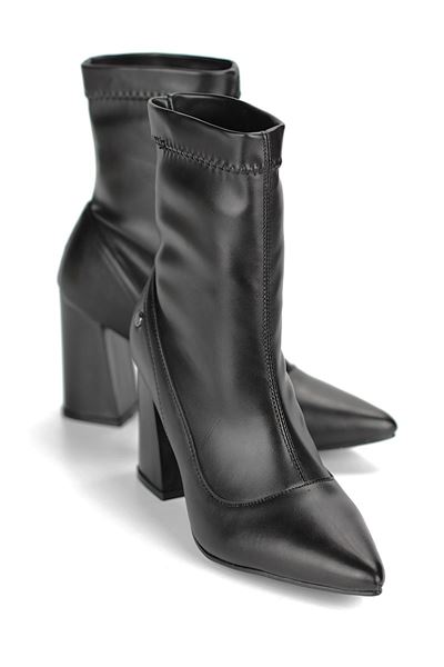 Isabel Siyah Kalın Orta Topuklu(8 cm) Streç Bot