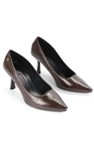 Ayça Esnek Yumuşak Kaymaz Taban (7 cm) Kahverengi Rugan Kadın Topuklu Ayakkabı