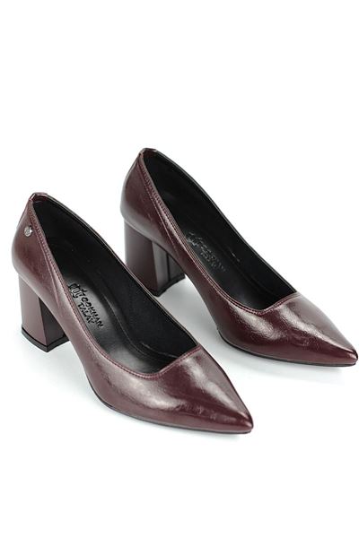 Nevra Esnek Yumuşak Kaymaz Taban (7 cm) Bordo Rugan Kadın Kalın Topuklu Ayakkabı