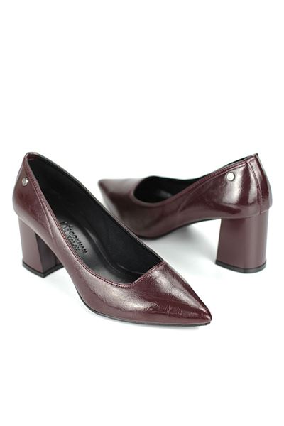 Nevra Esnek Yumuşak Kaymaz Taban (7 cm) Bordo Rugan Kadın Kalın Topuklu Ayakkabı